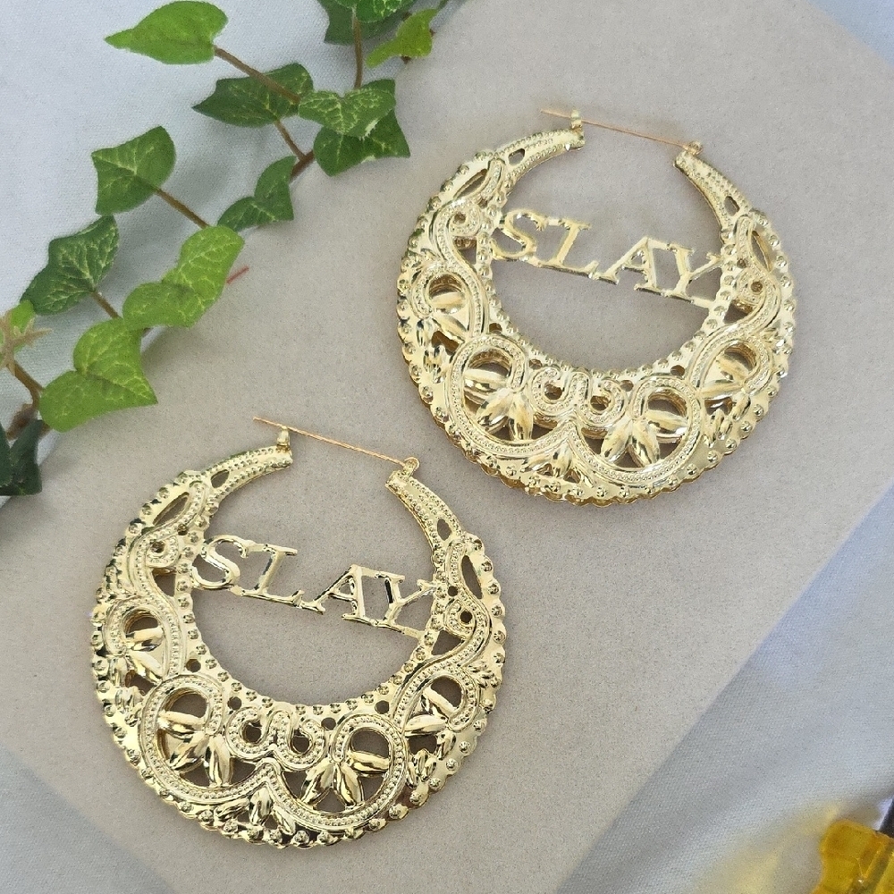 Large Gold Hoop Earrings SLAY Filigree
